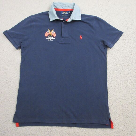 Polo Ralph Lauren Men Flag Rugby Polo Shirt size M Custom Slim Fit Blue Chambray - Picture 1 of 8